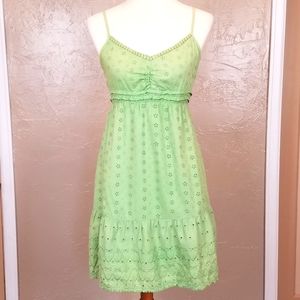 Aeropostale Eyelet Babydoll Dress Green Spaghetti Strap Smocked Empire Waist XL